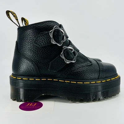 Dr. Martens Women's Devon Flower Buckle Black Leather Platform Boots Size 5 - Image 1 of 4