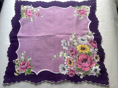 Pañuelo vintage Hankie borde púrpura flores rosas Foto 1 de 4