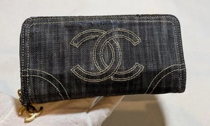 CHANEL Authentic CC Logos Quilted Long Wallet Purse Leather Dennim - Picture 1 of 13