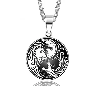 Mens Stainless Steel Protection Amulet Dragon Yin Ying Yang Pendant Necklace Men - Picture 1 of 4