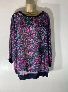 Womens George Plus Size Uk 18 Pink Mix Pattern 3/4 Sleeve Sheer Pullover Blouse - Picture 1 of 6