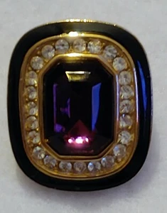 Vintage ( Signed Oscar ) Pierced Earring GOLDTONE CLEAR RHINESTONES Purple Stone - Picture 1 of 8