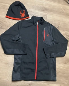 Spyder Fleece Jacket Hat Beanie Boys Size M 10/12 Black Red Base Layer Set Zip - Picture 1 of 5