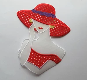 #2813LR Thinking Fashion Lady,Red Dress,Big Hat,Flower Earrings Applique Patch - Picture 1 of 1