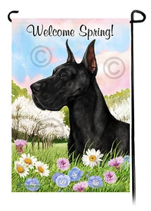 Welcome Spring Garden Flag - Cropped Black Great Dane - Picture 1 of 1