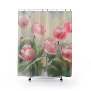 Watercolor Tulip Shower Curtain, Floral Bathroom Decor, Pink Rose Flower Home - Picture 1 of 5