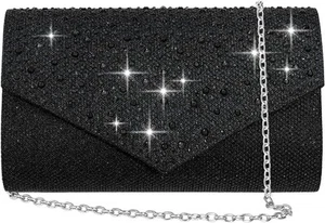 Women Evening Bag Clutch Rhinestone Envelope Party Handbag Bridal Prom Black - Picture 1 of 6