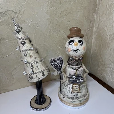 altered art CHRISTMAS 2pc TREE & SNOWMAN vintage Look OOAK Mixed Media SheShe - Image 1 of 4