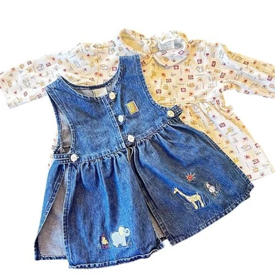 Vitamine Vestito Denim Vintage Bambina con Sottomaglia Stampata Multicolore - Immagine 1 di 4