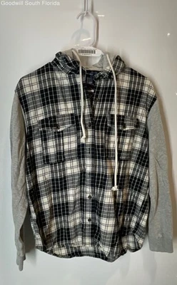 Sudadera con capucha Forever 21 para mujer negra gris a cuadros con botones delanteros talla pequeña Foto 1 de 4