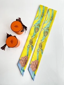 HERMES SILK YELLOW BLUE BROWN Bandeau TWILLY WRAP - Picture 1 of 23