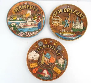 Set Of 3 Raised 3D Relief Southern U.S. City Souvenir Plates VTG New Orleans - Picture 1 of 5