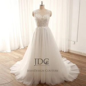 Romantisch Spitze Illusion Haut Korsage A-Linie Brautkleid Hochzeitskleid Knöpfe - Imagen 1 de 13