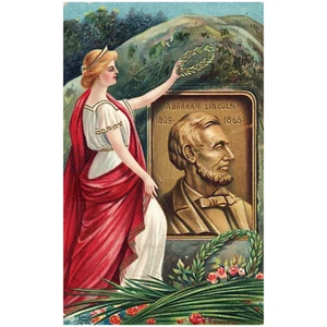 Abraham Lincoln Grave Woman Laying Flowers Vintage Patriotic Postcard - Picture 1 of 2