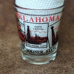 Oklahoma The Sooner State Shot Glass Souvenir Clear Will Rogers Capitol Vintage  - Picture 1 of 5