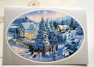 Vintage Christmas Card Thomas Kinkade Glittery Christmas Song Lighting up Tree