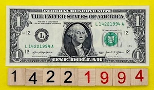 New UNC 2021 BEP 1994 Year Note 14221994 A Fancy Serial Number One Dollar Bill - Picture 1 of 10