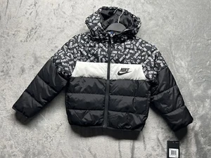 NIKE Boy S Just Do It Spellout Print Black White Zip Up Hooded Puffer Coat New - Picture 1 of 13