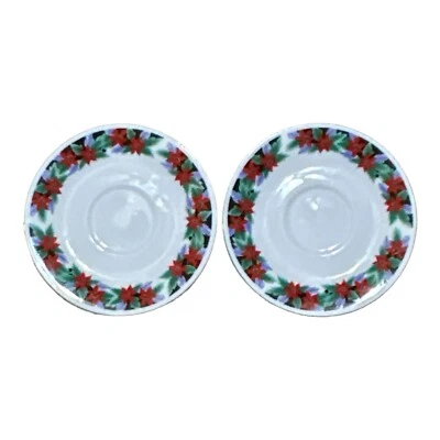 2 Vintage Christmas Poinsettia Gold Trim Black Band Saucer Plates 6" Only - Image 1 of 4