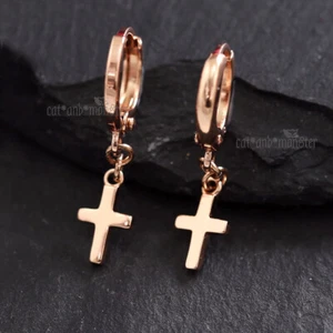 18K ROSE GOLD FILLED PLAIN CROSS DROP MENS LADIES SMALL HOOP DANGLE EARRINGS NEW - Picture 1 of 6