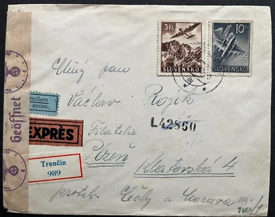 Eslovaquia 1943 correo aéreo Reg. Cubierta Censurada Express a Bohemia, Sc. C5, C8 Foto 1 de 2