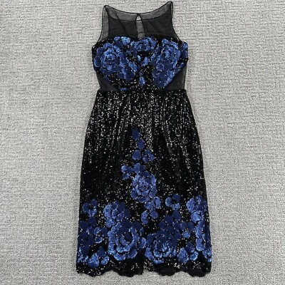 Badgley Mischka Dress 4 Black Blue Sequins Floral Mesh Cut Outs Stretch Womens - Image 1 of 4
