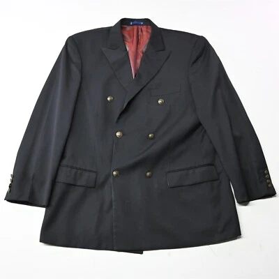 Paul Fredrick 44L Black 100% Wool Double Breast Peak Blazer Sport Coat Jacket - Image 1 of 4