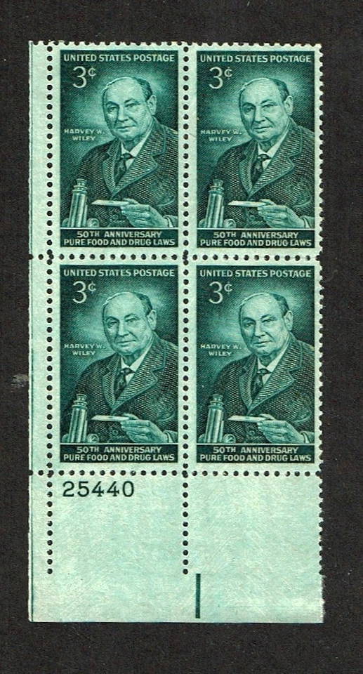 1956 U.S. Commemorative 3c H WILEY FDA Plt#Blk  Sc#1080 M/NH/OG - Image 1 of 1