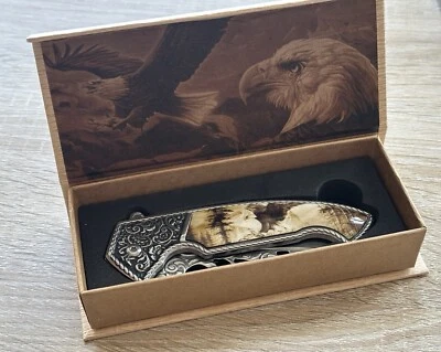 USA Eagle Wildlife Gift Box Knife Stainless Steel Engraved Ornate Ivory Handle - Image 1 of 4