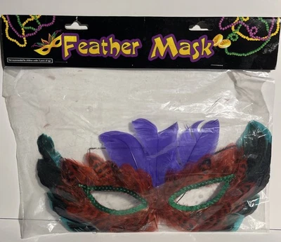 Halloween Feather Eye Mask, Purple, Black, Green & Red W/ Sequins. NWOT - Image 1 of 4