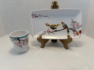 Lenox “Chirp” Serving/Sandwich Platter & Tumbler-Watercolor Songbirds-Branches - Image 1 of 4