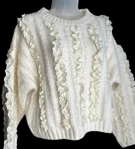 Senfkörner flauschiger Strick Crop Pullover S Spitzenbesatz Preppy Cabincore Cottagecore - Bild 1 von 10