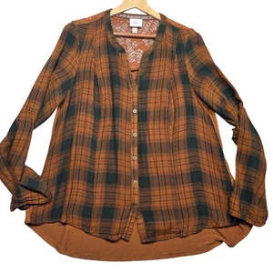 Women's Burnt Orange Plaid Button Up Lace Top Size Large - Picture 1 of 4