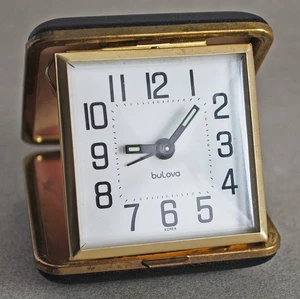 Vintage Bulova Travel Alarm Clock Black Leatherette Manual Case Korea - Picture 1 of 6