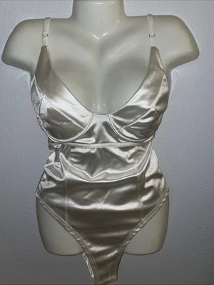 Woman’s Teddy L Nylon Spandex SHINY Satin Lined Cups Bodysuit White Lingerie - Image 1 of 4