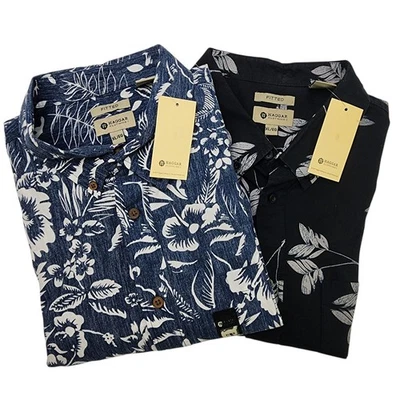 Haggar XL 2 Camisas Hawaianas de Campamento Manga Corta Ajustadas Florales Negras Azules Foto 1 de 4