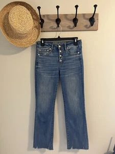 American Eagle Hi-Rise Crop Flare Jeans Size 4 Raw Hem Exposed Button Fly - Picture 1 of 9