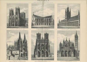 Tafel ARCHITEKTUR / GOTIK / KATHEDRALE REIMS / YORK Original-Holzstich 1890 - Picture 1 of 1