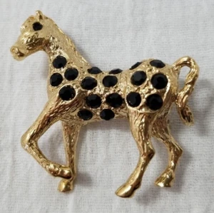 Vintage Estate Gold Tone Black Rhinestone Spotted Pony Pin Brooch - Picture 1 of 3