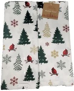 Set of 2 Same Thin Cotton Tea Towels(15"x25")CHRISTMAS TREES & CARDINAL BIRDS,HC - Picture 1 of 15