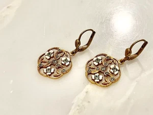 NWT La Vie Parisienne/Popesco Gold Drop White Cloisonné Crystal Flower Earrings - Picture 1 of 6