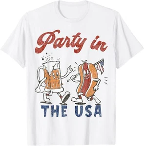 Retro Party In The USA Beer Hot Dog Lover Funny 4th Of July T-Shirt Hoodie - Picture 1 of 10