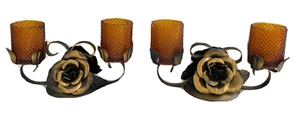 Paar 70er Jahre 2 Votivkerzenhalter Braunglas mit Schmiedeeisen/Stahlrosen - Bild 1 von 10
