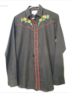 Vintage Embroidered Roses Western Shirt Crazy Cowboy Black Sz L Juniors Men’s Sm - Picture 1 of 3