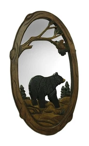 Espejo de pared de madera hecho a mano Zeckos Black Bear in the Forest - Imagen 1 de 3
