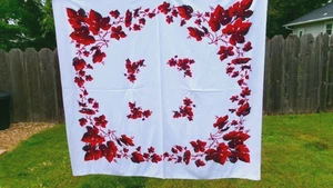 VTG 48X51 GREY W LG RED BLACK MAPLE LEAVES FALL COTTON BLEND TABLECLOTH RETRO - Picture 1 of 5