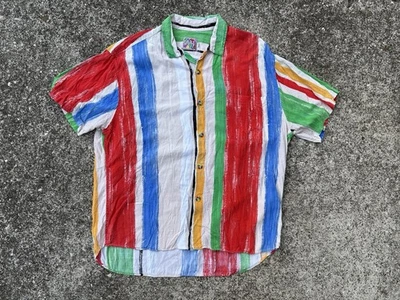 Vintage Jams World Shirt Mens Size L Red Blue Green Striped Hawaiian Rayon - Image 1 of 4