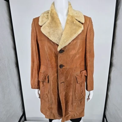 Vintage 1970s Cortefiel Made in Spain Shearling Collar Leather Car Coat (40/M) - Image 1 of 4