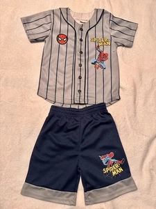 NWoT Spider-Man Kids Boys Baseball Jersey Shirt and Shorts Set Gray and Blue - Picture 1 of 3