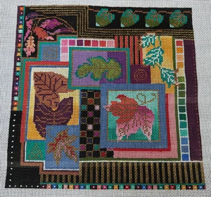 Mindy Handpainted Needlepoint Canvas Dark Leaves #40 8" Sq Image 16 Ct Vintage - Picture 1 of 12